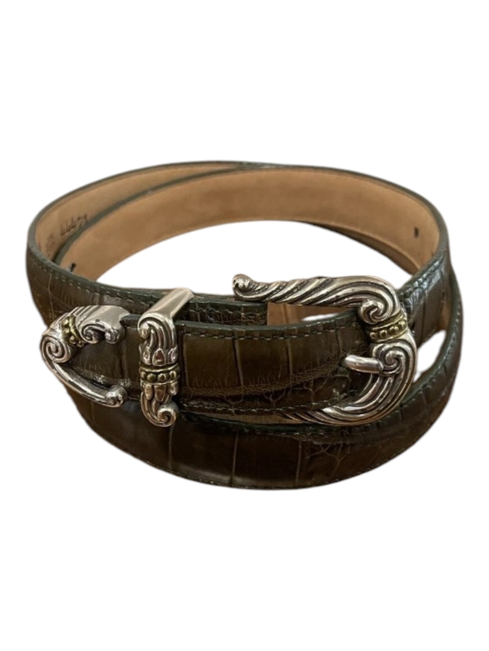 Brighton Vintage Dark Green Faux Croc-Embossed Leather Belt with Silver Buckle